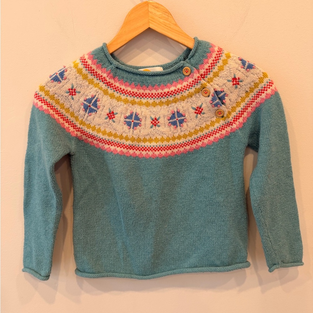 Mini Boden Fair Isle‎ Sweater Girls 7-8Y 128cm Teal Nordic Knit  Buttons